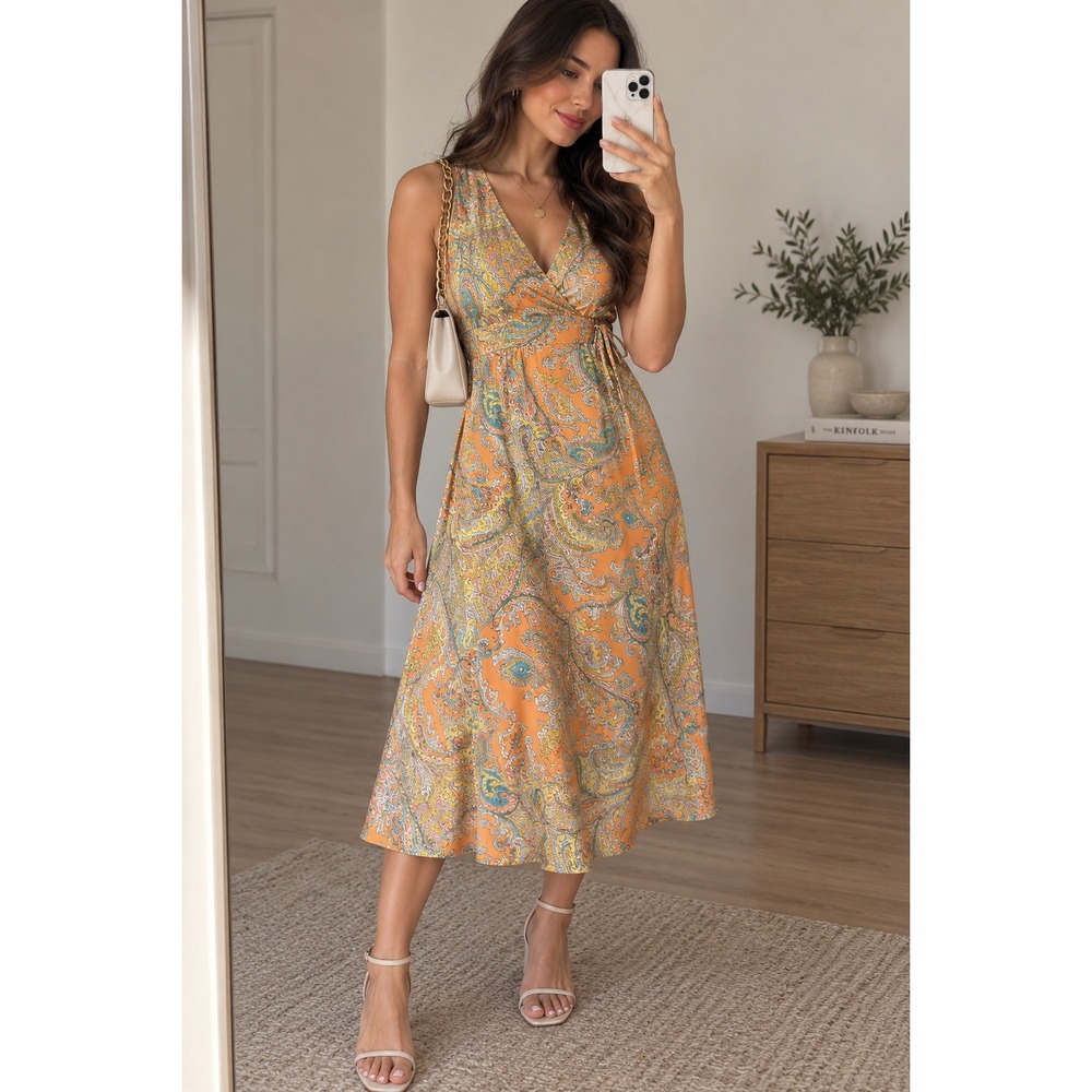 Cremieux Womens Orange Paisley Sleeveless V-Neck Maxi Dress Small Boho Chiffon
